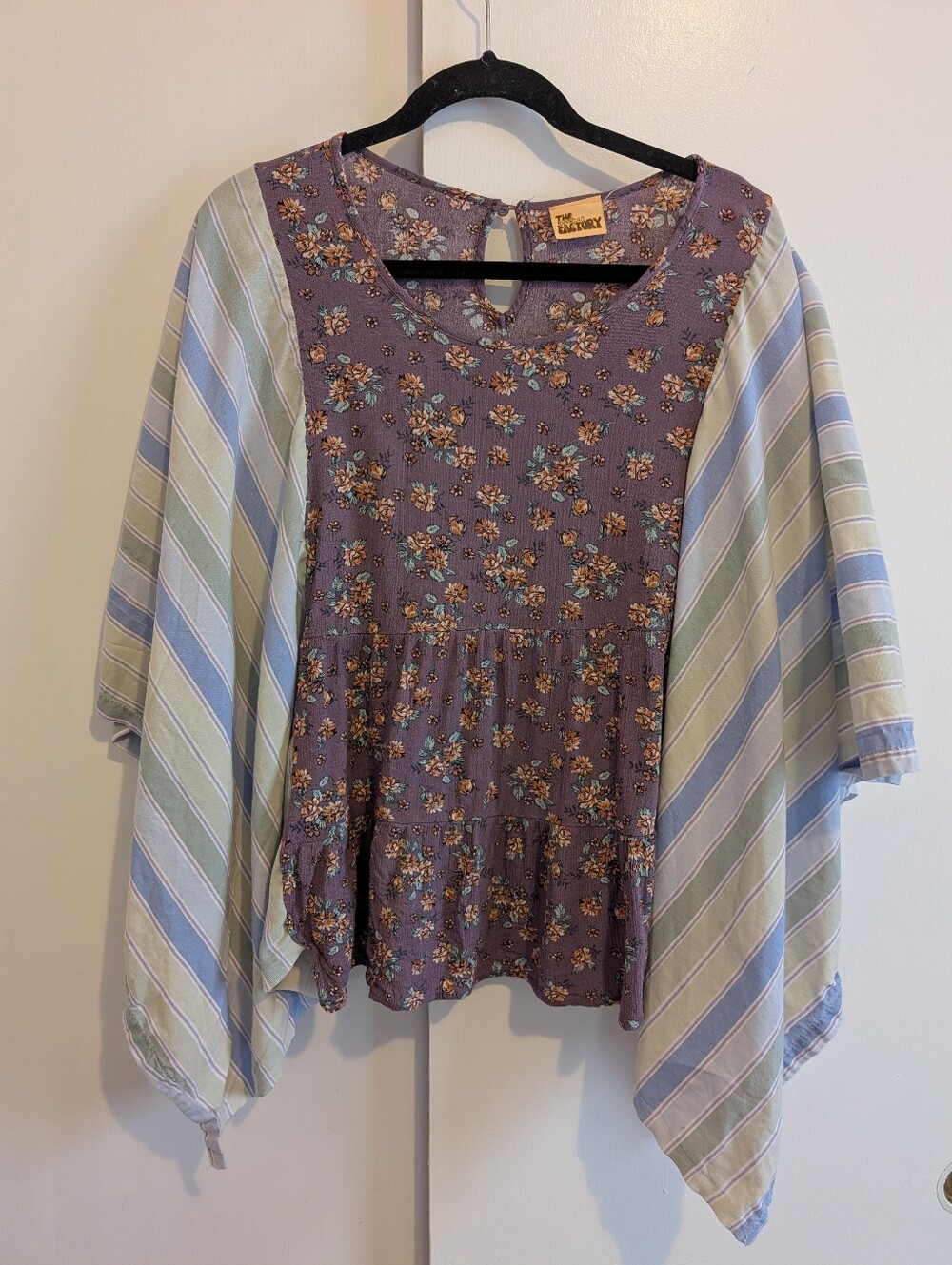 The Morgan Factory One Size Purple Floral Tunic Top with Pastel Stripe Sleeves